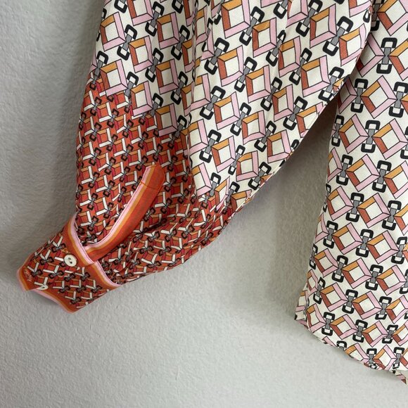 Hale Bob Womens Small Long Sleeve Button Up Blouse Geometric Orange White Shirt - Picture 13 of 13